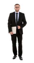 Photo of Happy young businessman holding laptop on white background