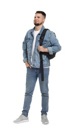 Photo of Man with backpack in denim clothes isolated on white