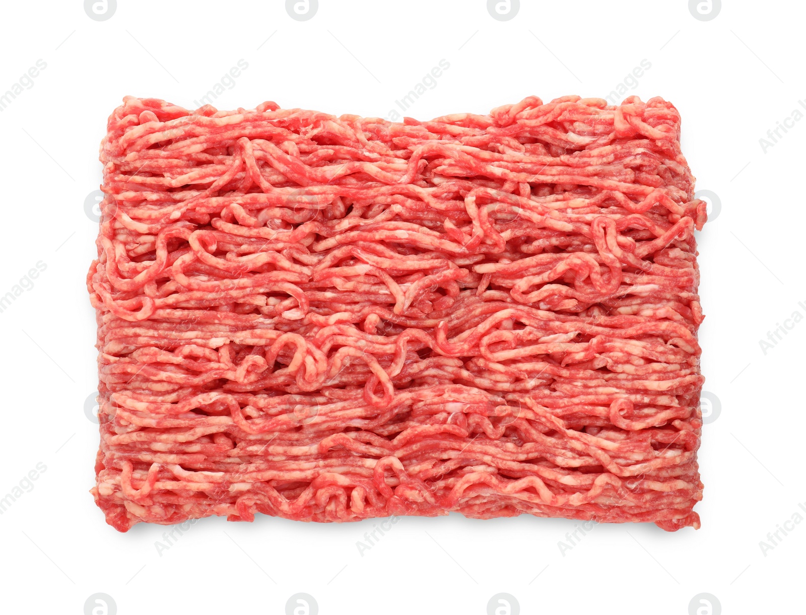 Photo of Fresh raw ground meat isolated on white, top view