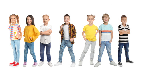 Group of cute school children on white background