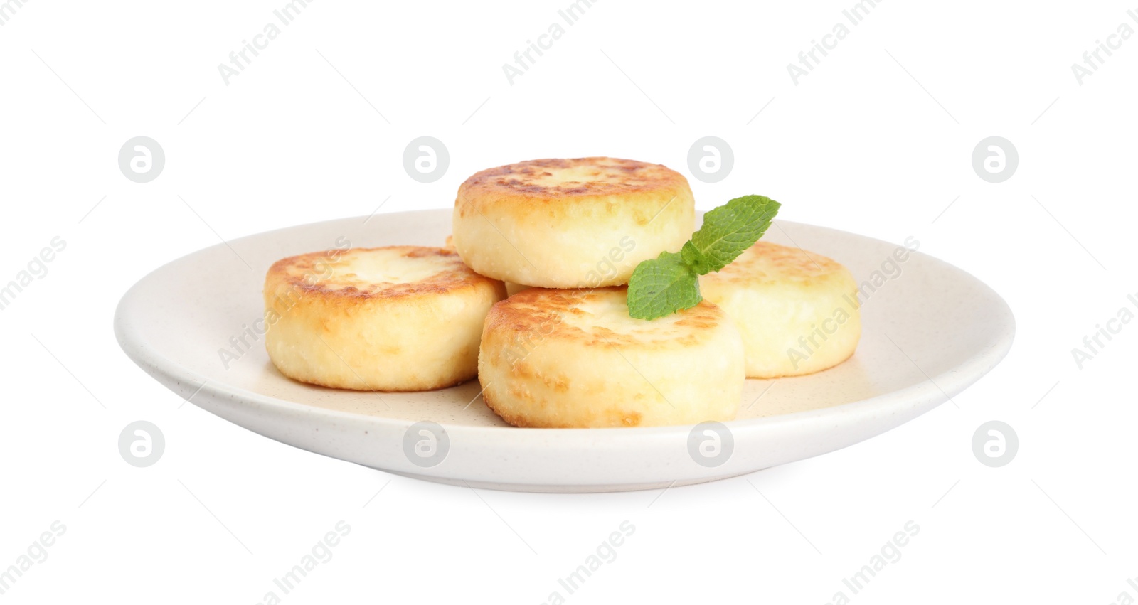 Photo of Delicious cottage cheese pancakes with mint isolated on white