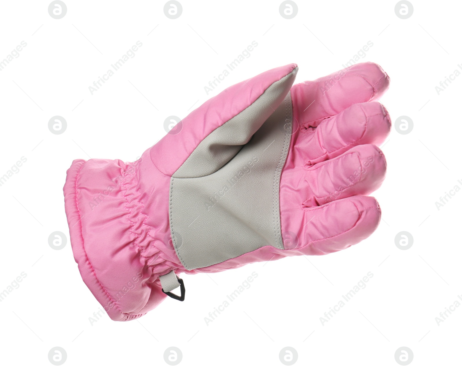 Photo of Woman wearing pink ski glove on white background, closeup. Winter sports clothes