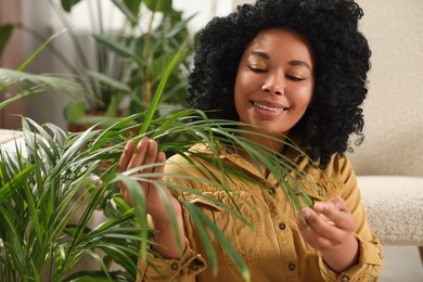 Relaxing atmosphere. Happy woman with beautiful houseplant in room