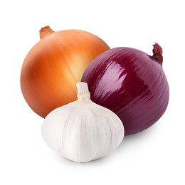 Image of Garlic, red and yellow onion bulbs isolated on white