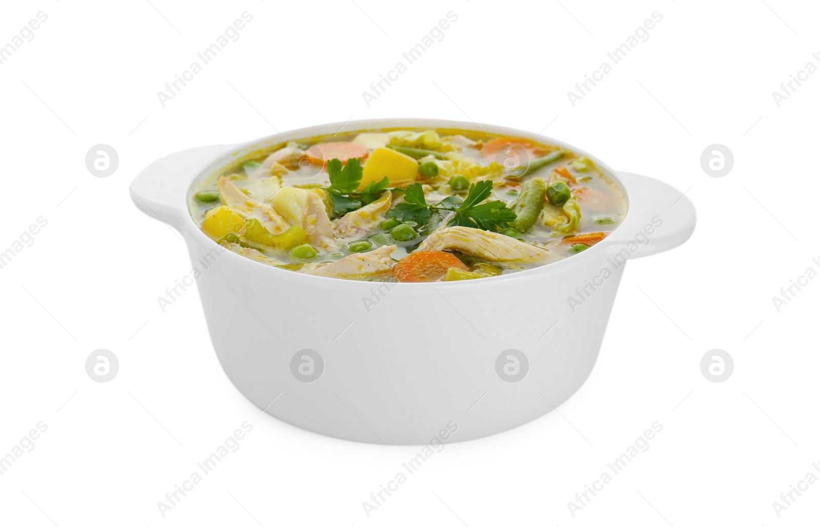 Photo of Saucepan of delicious vegetable soup with chicken isolated on white