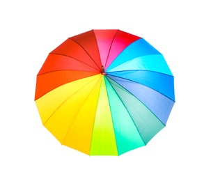 Photo of Open rainbow color umbrella on white background