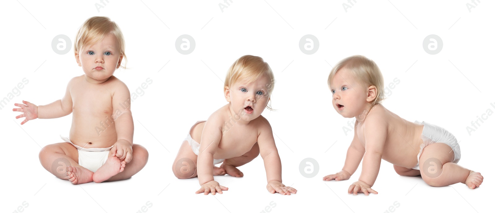 Image of Collage with photos of cute little baby in diaper on white background. Banner design