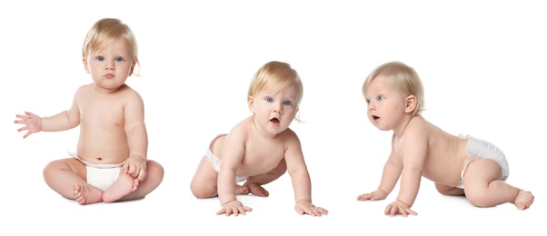 Image of Collage with photos of cute little baby in diaper on white background. Banner design
