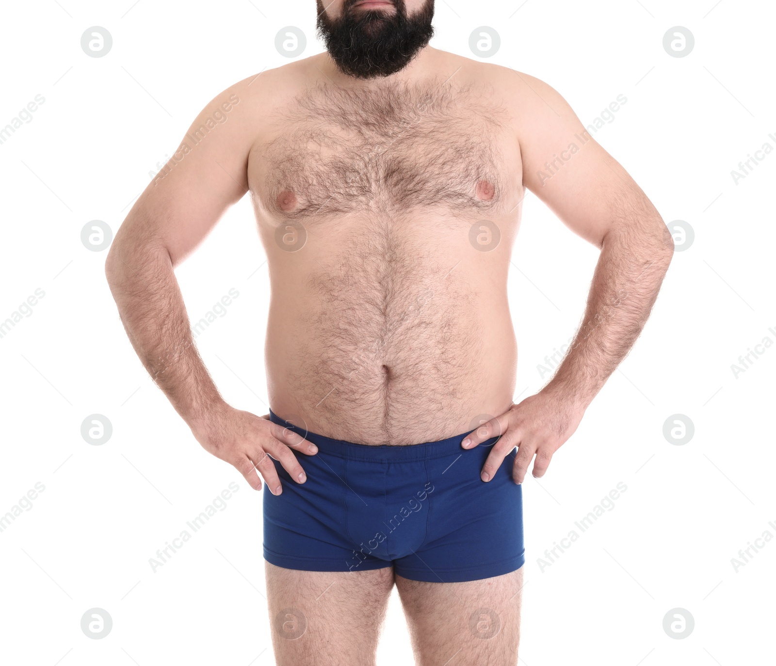 Photo of Overweight man isolated on white, closeup. Weight loss