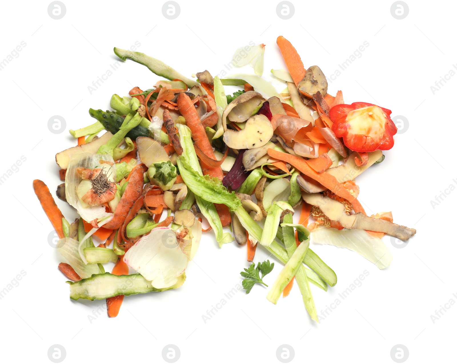 Photo of Peels of fresh vegetables isolated on white, top view