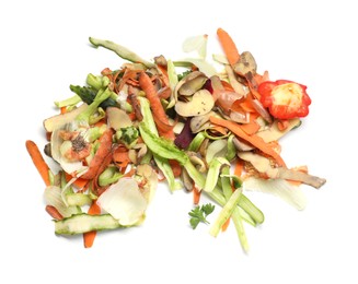 Peels of fresh vegetables isolated on white, top view