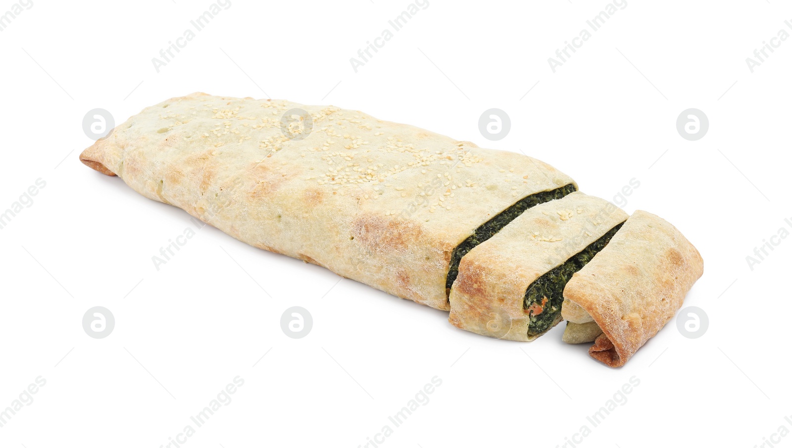 Photo of Tasty strudel with salmon and spinach isolated on white