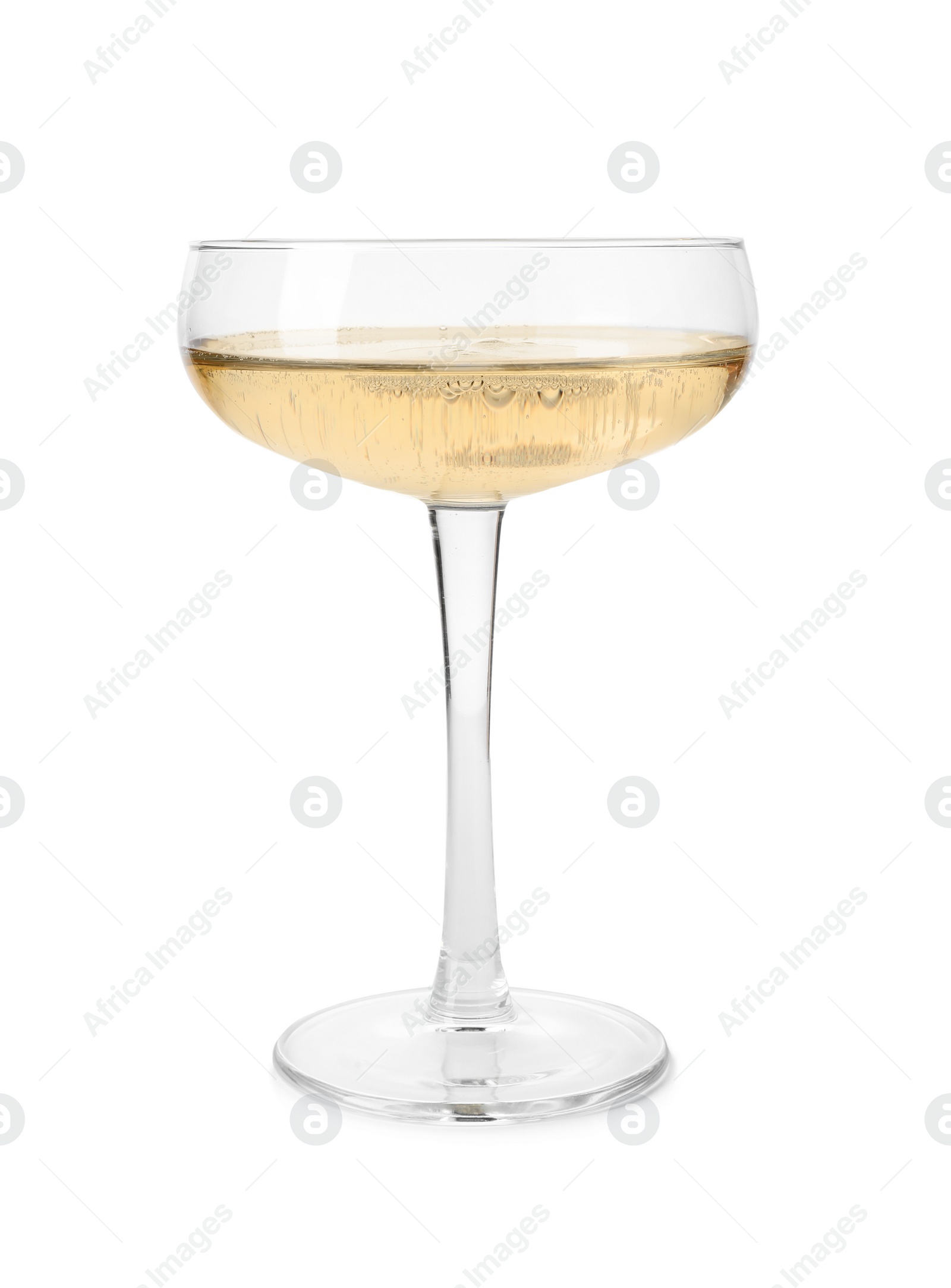 Photo of Glass of champagne on white background. Festive drink