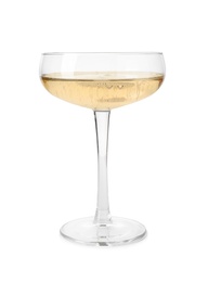 Glass of champagne on white background. Festive drink