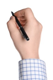 Photo of Man holding pen on white background, closeup of hand