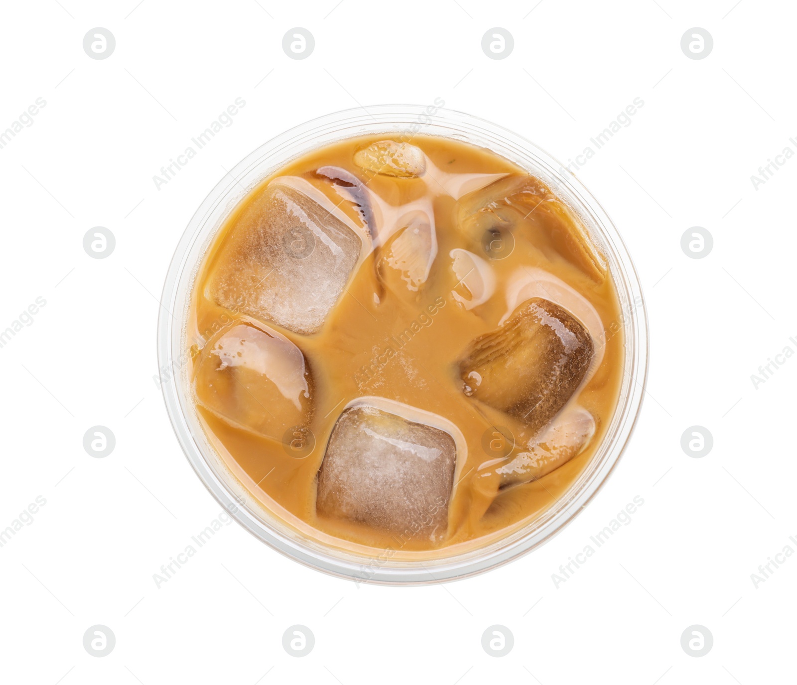 Photo of Takeaway plastic cup with cold coffee drink isolated on white, top view