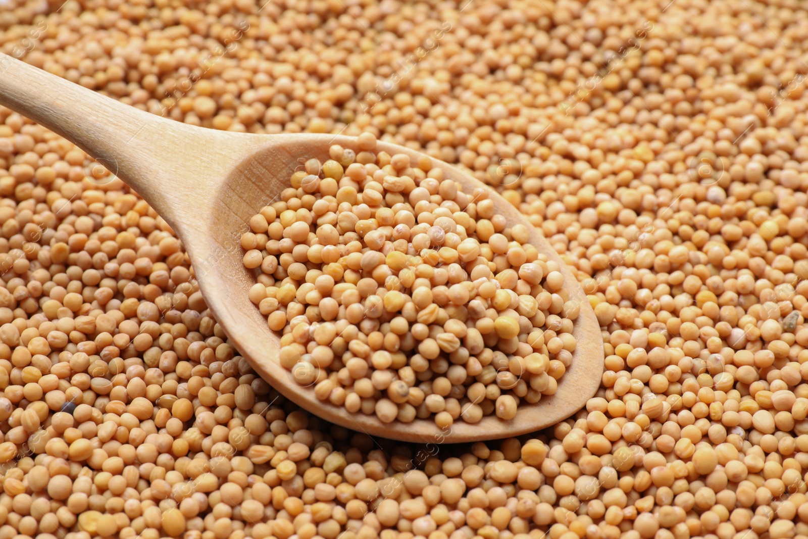 Photo of Mustard seeds with wooden spoon as background, closeup