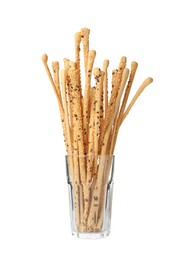 Delicious grissini sticks in glass on white background