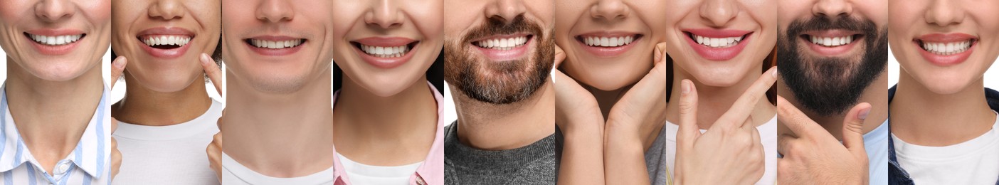 People showing white teeth, closeup. Collage of photos