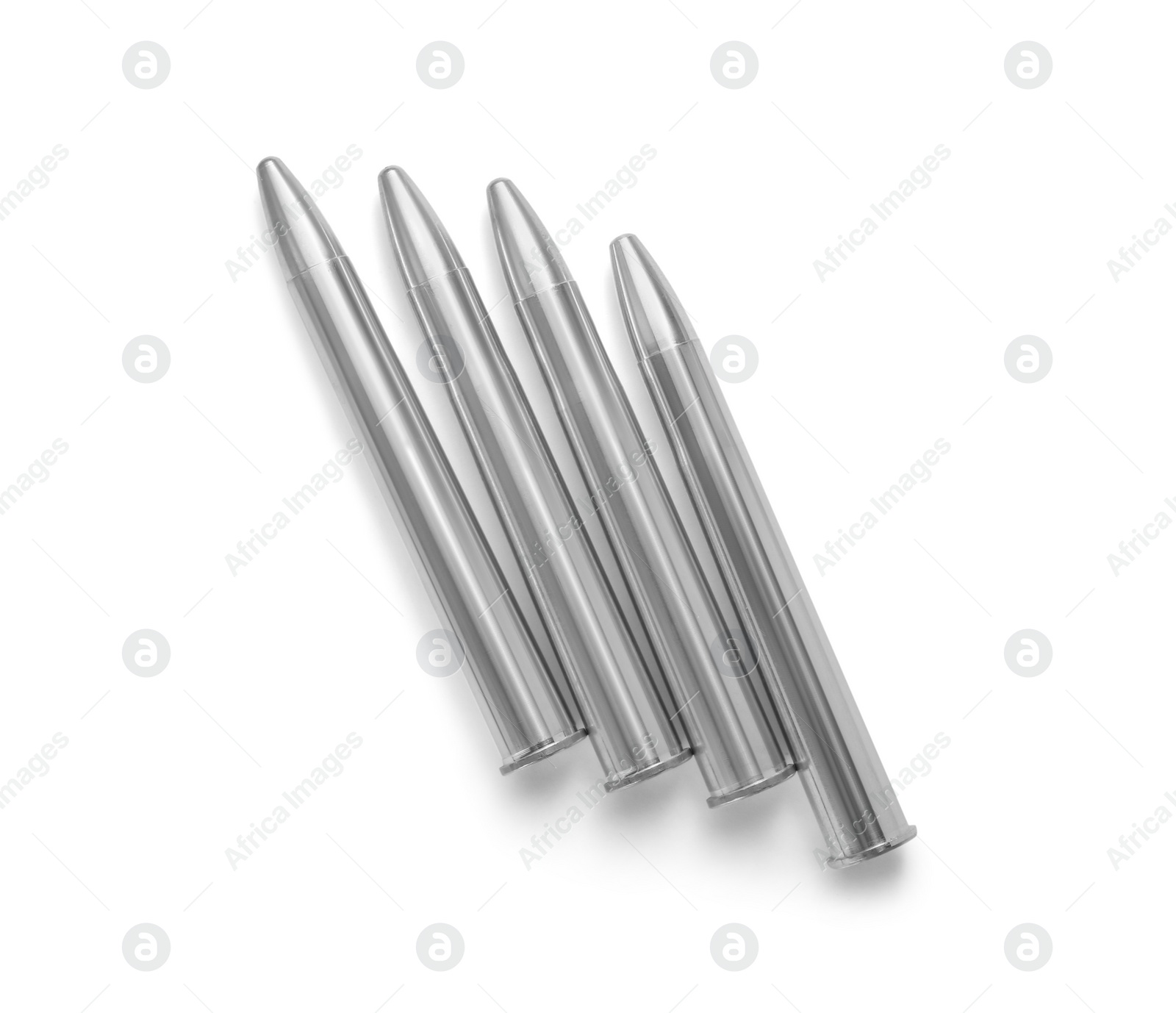 Photo of Metal bullets isolated on white, top view. Military ammunition