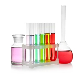 Photo of Laboratory glassware with colorful liquids on white background