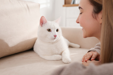Young woman with her beautiful white cat at home. Fluffy pet