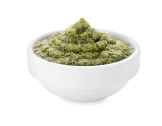 Photo of Tasty pesto sauce in bowl isolated on white
