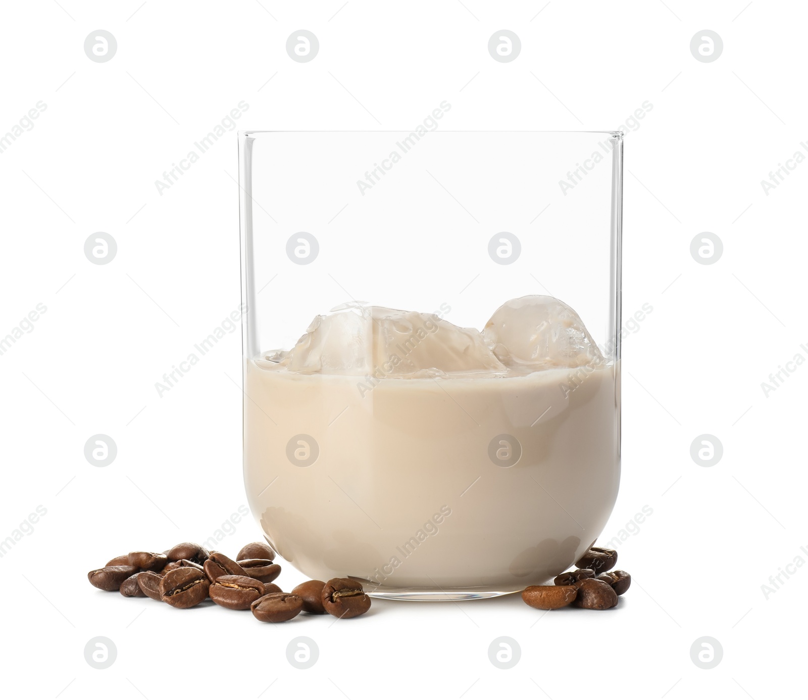 Photo of Glass of coffee cream liqueur with ice cubes and beans isolated on white