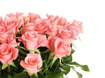 Bouquet of beautiful roses on white background