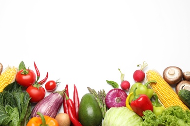Photo of Flat lay composition with fresh vegetables on white background. Space for text
