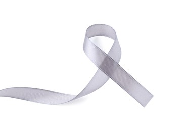 Photo of Gray awareness ribbon isolated on white, top view