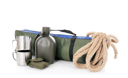 Photo of Camping equipment on white background