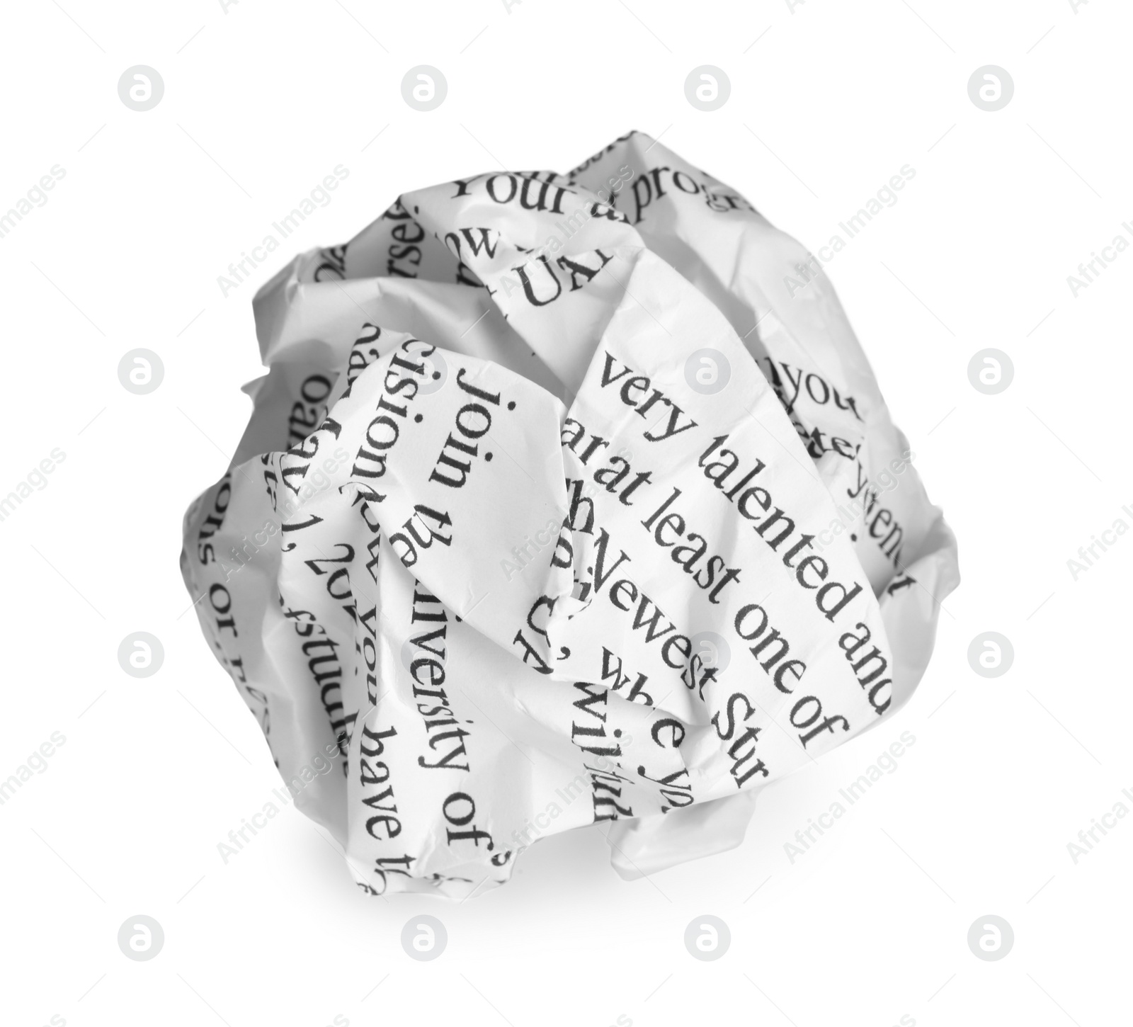 Photo of Crumpled sheet of paper with printed text isolated on white