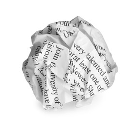 Photo of Crumpled sheet of paper with printed text isolated on white