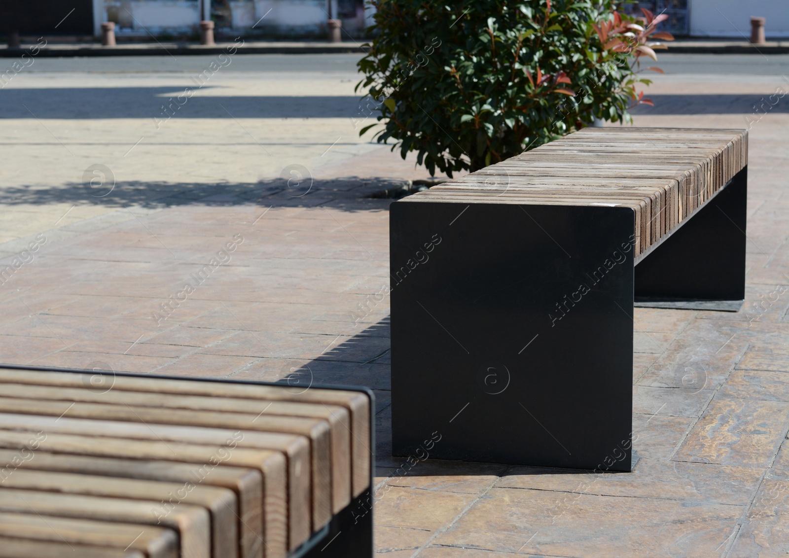 Photo of Wooden benches in city street on sunny day