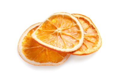 Photo of Delicious dry orange slices on white background