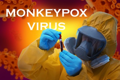 Image of Scientist in chemical protective suit holding test tube with blood sample. Monkeypox virus