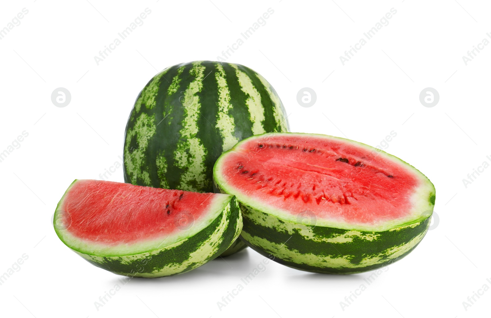 Photo of Delicious whole and cut watermelons isolated on white