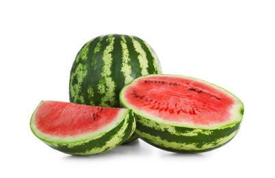 Photo of Delicious whole and cut watermelons isolated on white