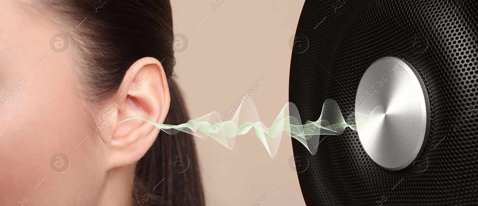 Image of Modern audio speaker and woman listening to music on beige background, closeup view of ear. Banner design