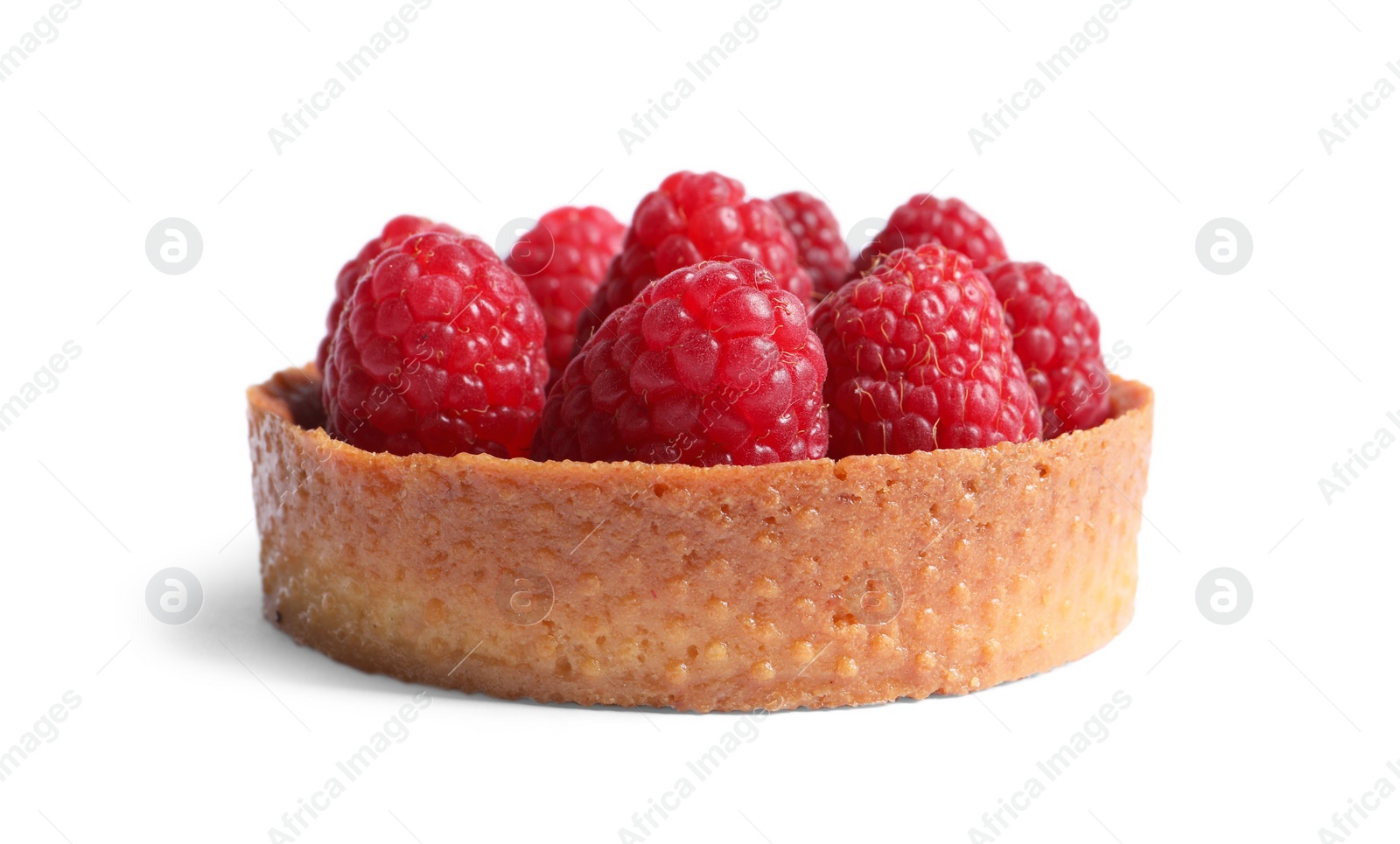 Photo of Tartlet with fresh raspberries isolated on white. Delicious dessert