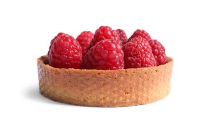 Photo of Tartlet with fresh raspberries isolated on white. Delicious dessert