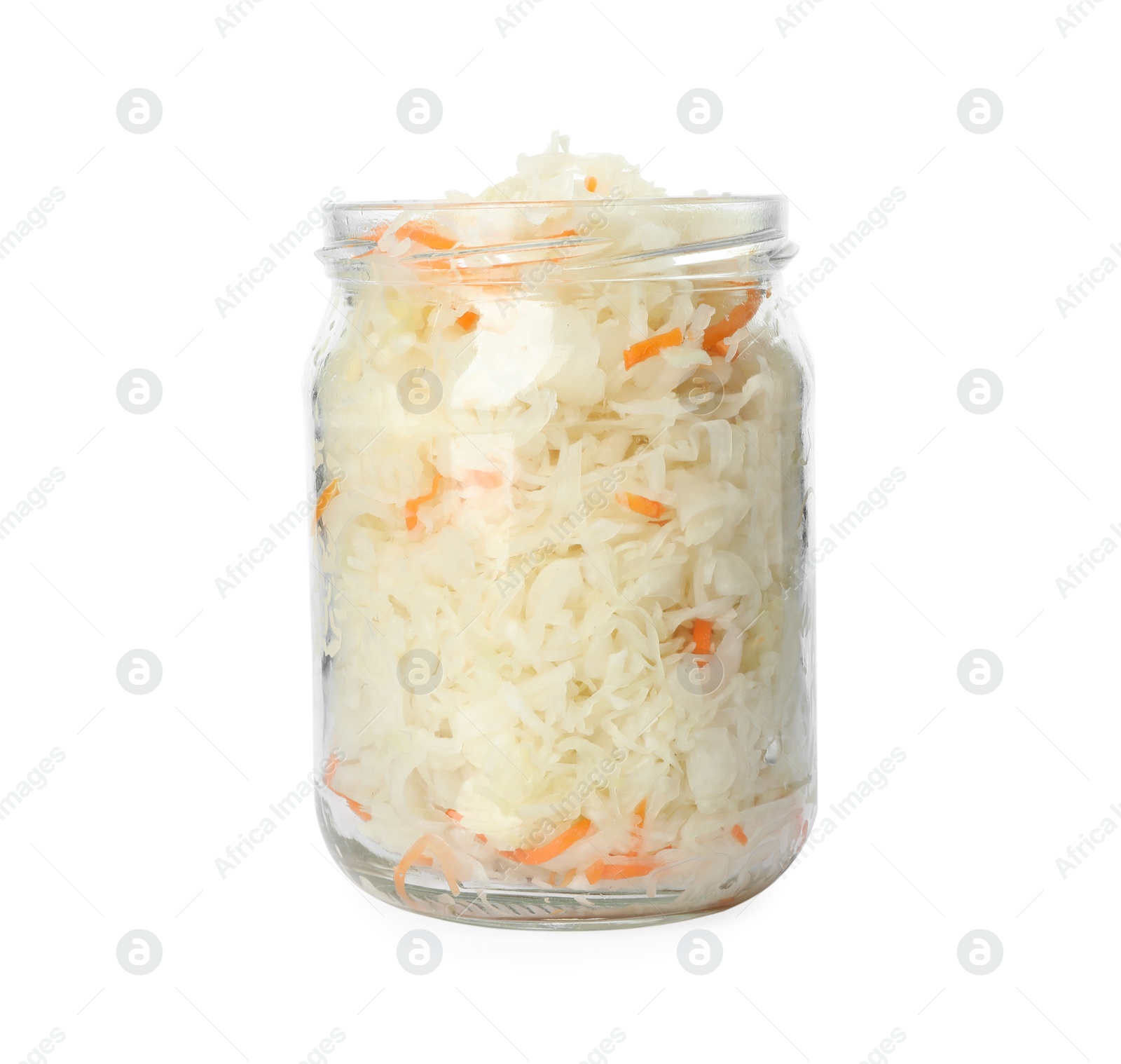 Photo of Glass jar of tasty fermented cabbage isolated on white