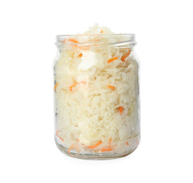 Glass jar of tasty fermented cabbage isolated on white