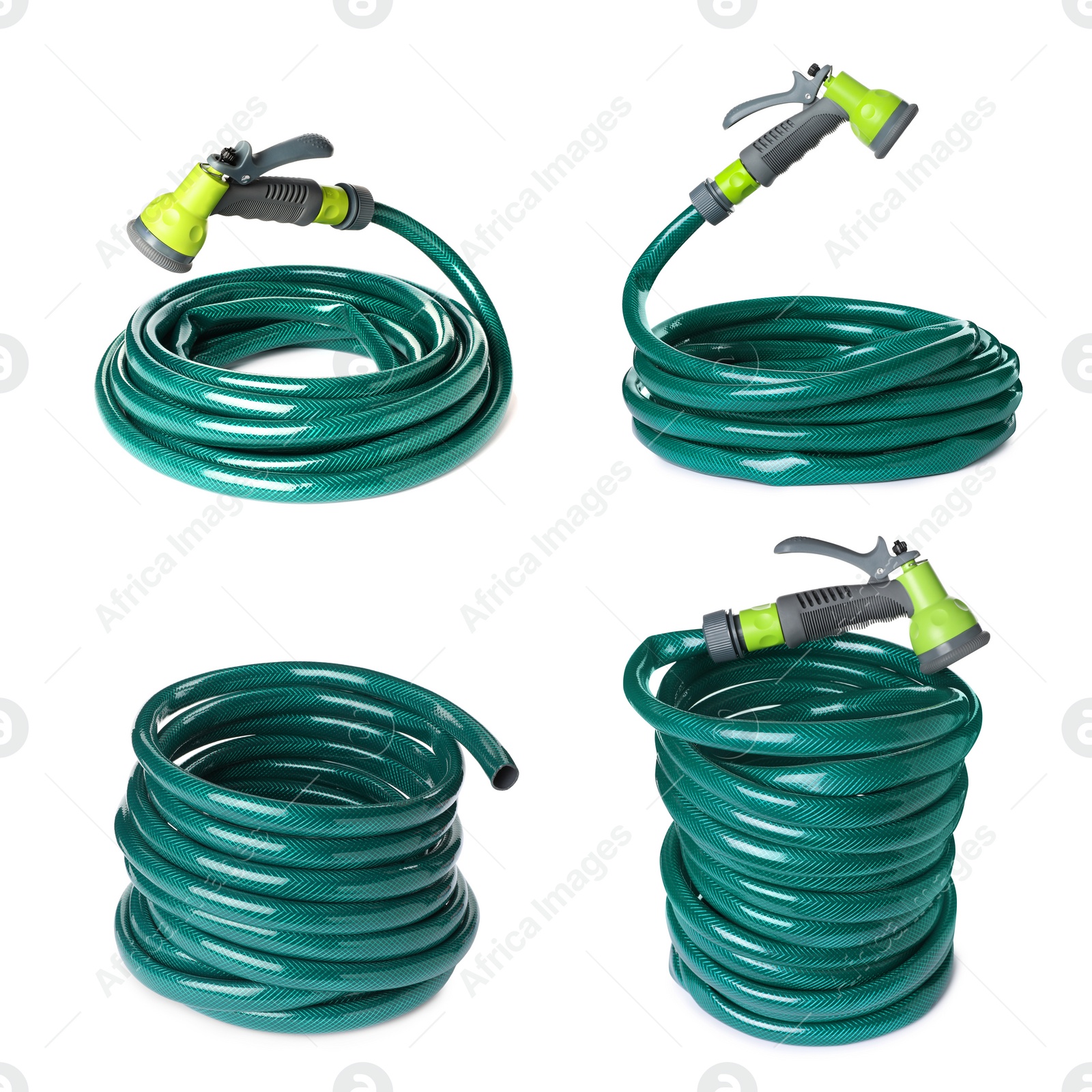 Image of Set with green rubber watering hoses on white background