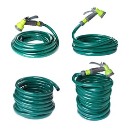 Image of Set with green rubber watering hoses on white background