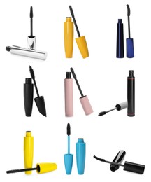 Set with different mascaras on white background 