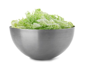 Photo of Bowl with shredded savoy cabbage on white background