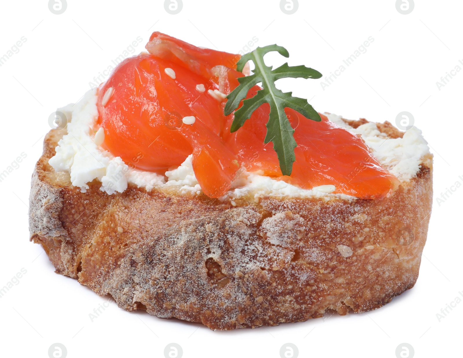 Photo of Delicious sandwich with cream cheese, salmon and arugula isolated on white
