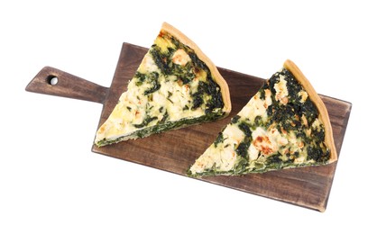 Pieces of delicious homemade spinach quiche on white background, above view